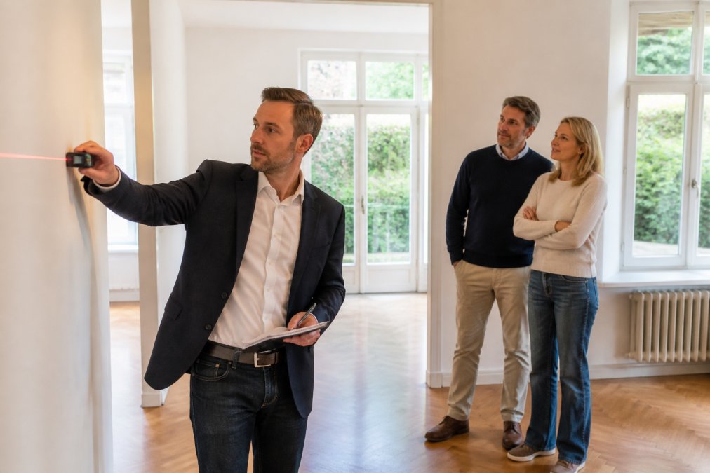 Agent immobilier professionnel mesurant une pièce avec un mètre laser, prenant des notes, avec le propriétaire présent observant la visite dans une maison lumineuse d'Uccle
