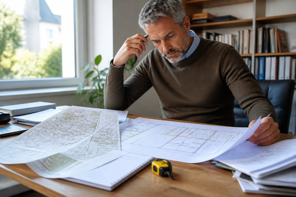 Propriétaire consultant des documents immobiliers et plans de maison à son bureau, avec cadastre et notes de mesures visibles, lumière naturelle provenant de la fenêtre