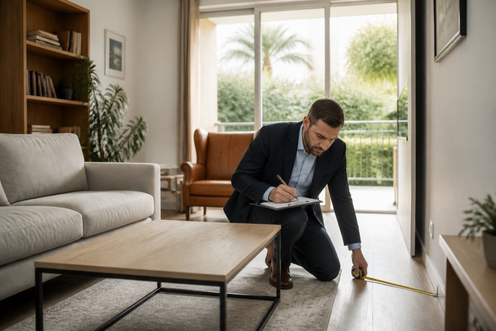Expert immobilier effectuant une visite de bien, prenant des mesures précises et notant des observations dans un salon lumineux avec grande fenêtre