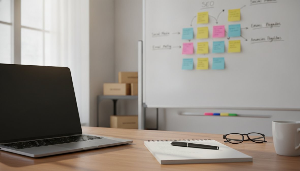 Marketing professional sitting at a modern desk with an open laptop, handwritten notes on a notepad, and colorful sticky notes organized on a whiteboard in the background, warm office lighting