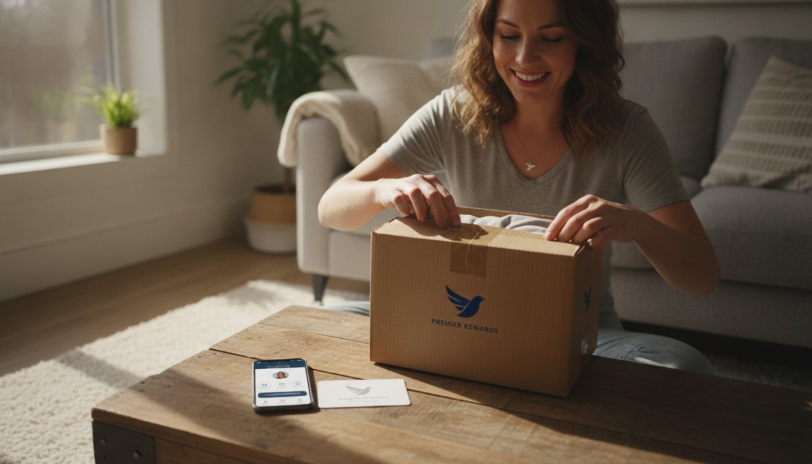 Smiling woman opening a branded cardboard parcel at home on a kitchen table, with a loyalty card and smartphone displaying a rewards app visible nearby, warm natural daylight
