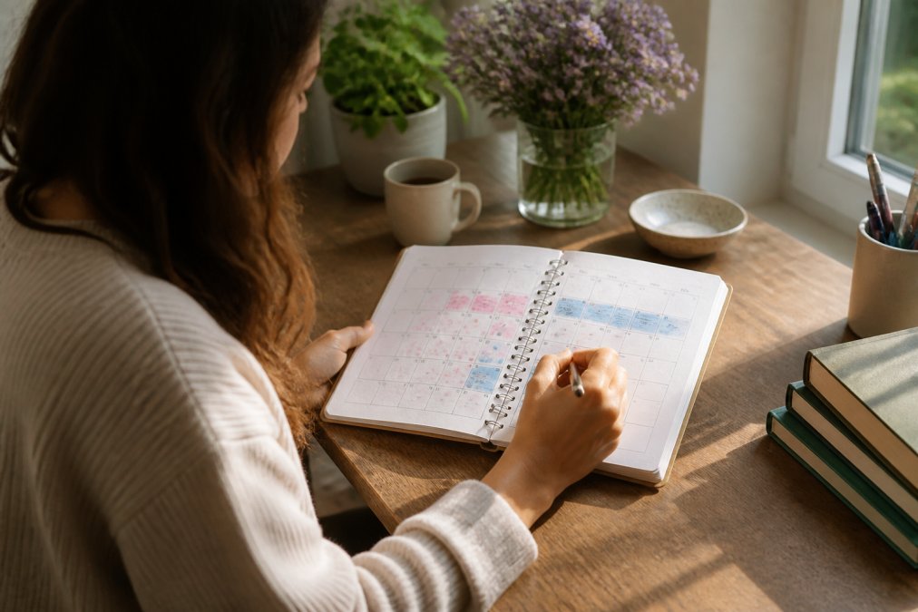 Woman holding a cycle tracking journal with calendar pages visible, marking follicular and luteal phases with colored markers, sitting at a wooden desk with natural window lighting streaming in