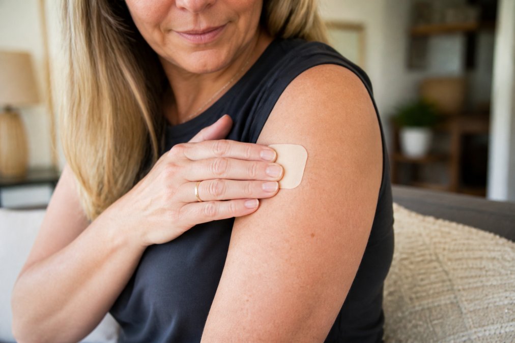 Woman's arm showing proper estrogen patch placement on clean, dry skin with hand gently pressing patch in place, natural indoor lighting