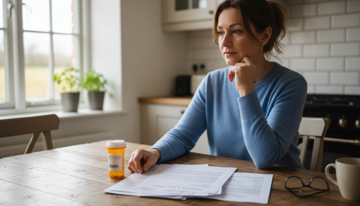 A middle-aged woman sitting at a kitchen table reviewing printed medical documents and a prescription bottle, looking thoughtful and composed in natural morning light