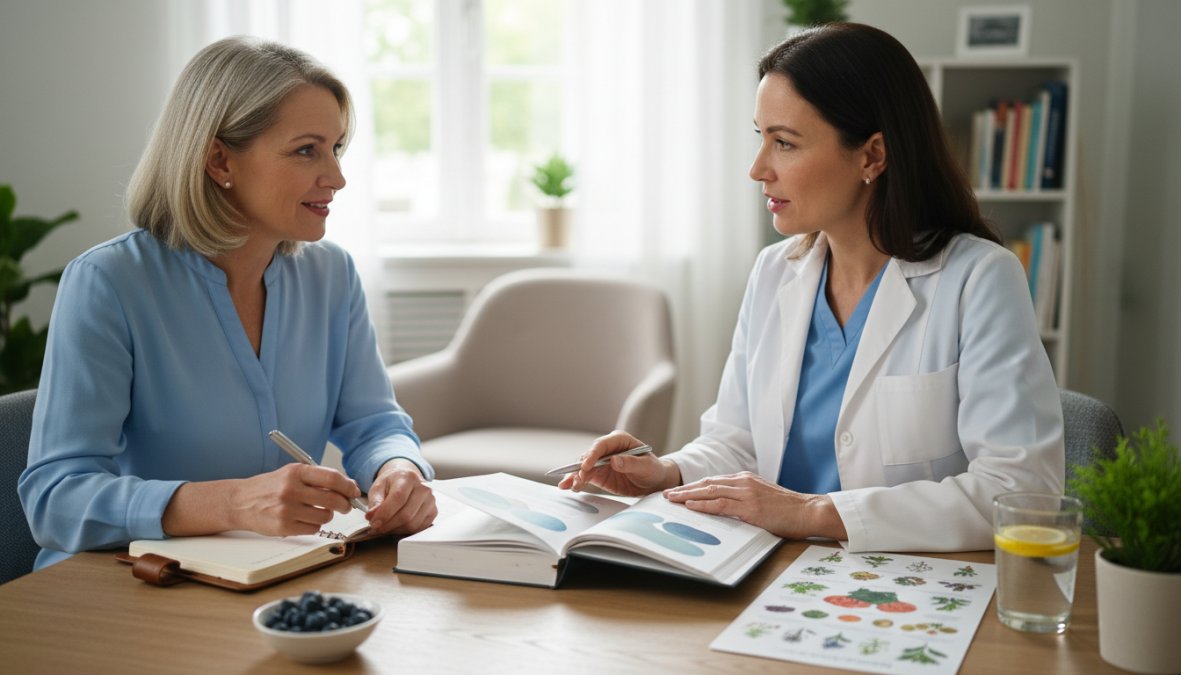 A woman in her 50s speaking with a female doctor in a bright clinical consultation room, both looking engaged and collaborative over a tablet showing health information