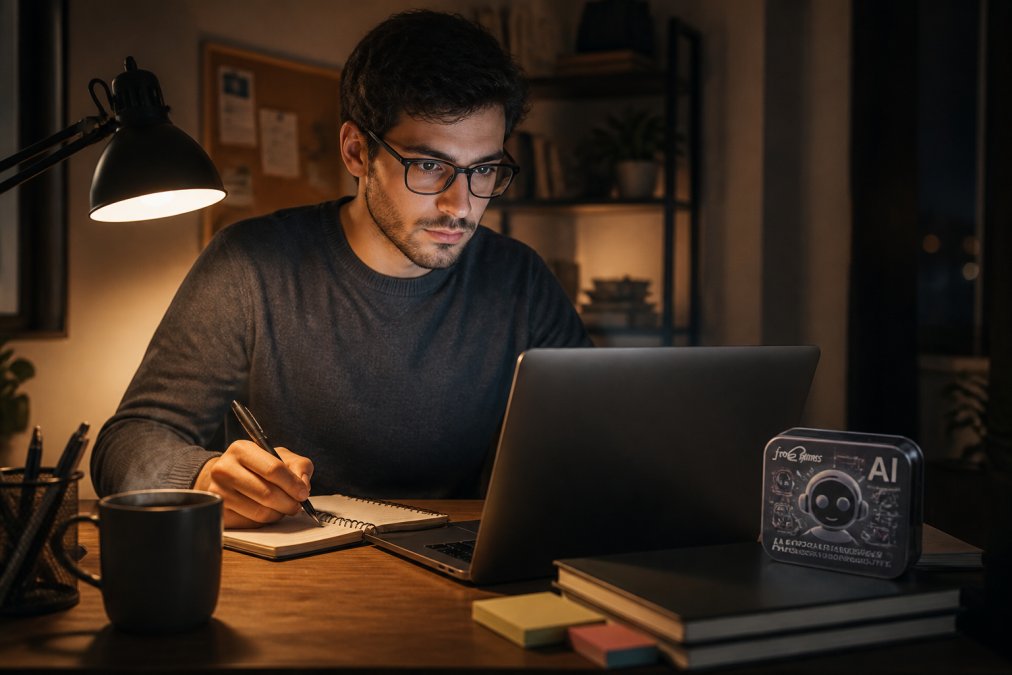 Profesional trabajando en su escritorio por la noche con laptop mostrando código, taza de café humeante en la esquina, luz de pantalla reflejada en sus ojos, ambiente concentrado y cálido