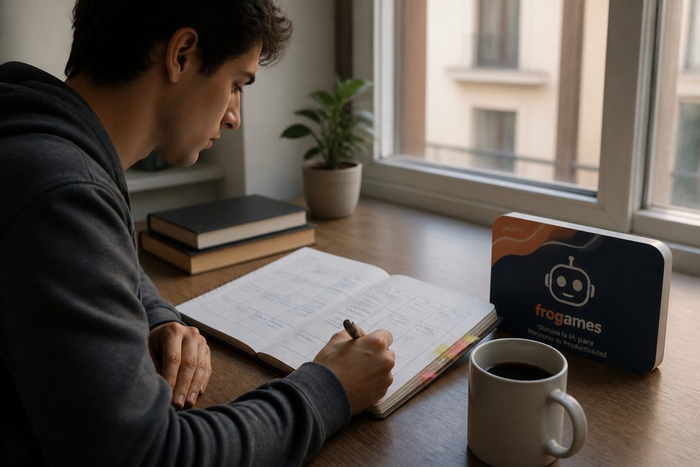 Persona joven escribiendo en una libreta su plan de estudios con calendario visible, taza de café y laptop en segundo plano, luz natural entrando por la ventana