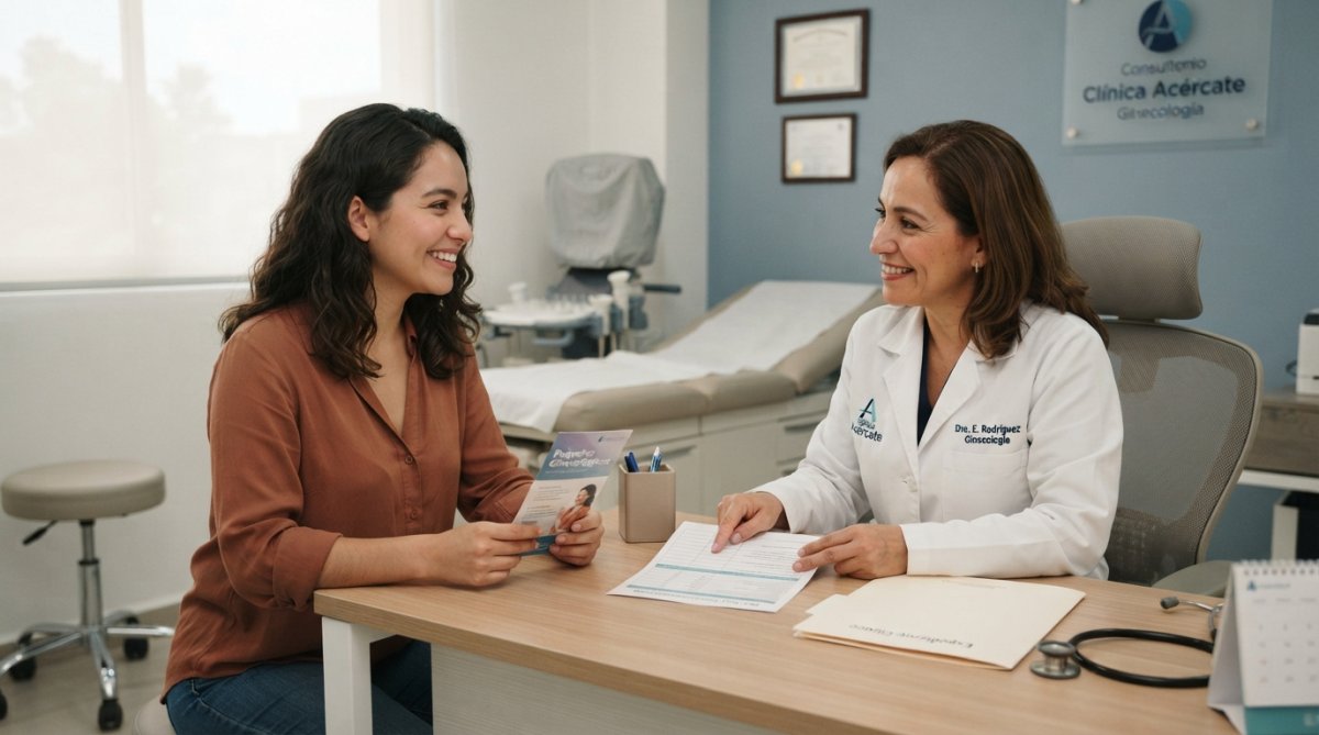Mujer sonriente en consulta con ginecóloga al revisar estudios ginecológicos completos costo y atención profesional.
