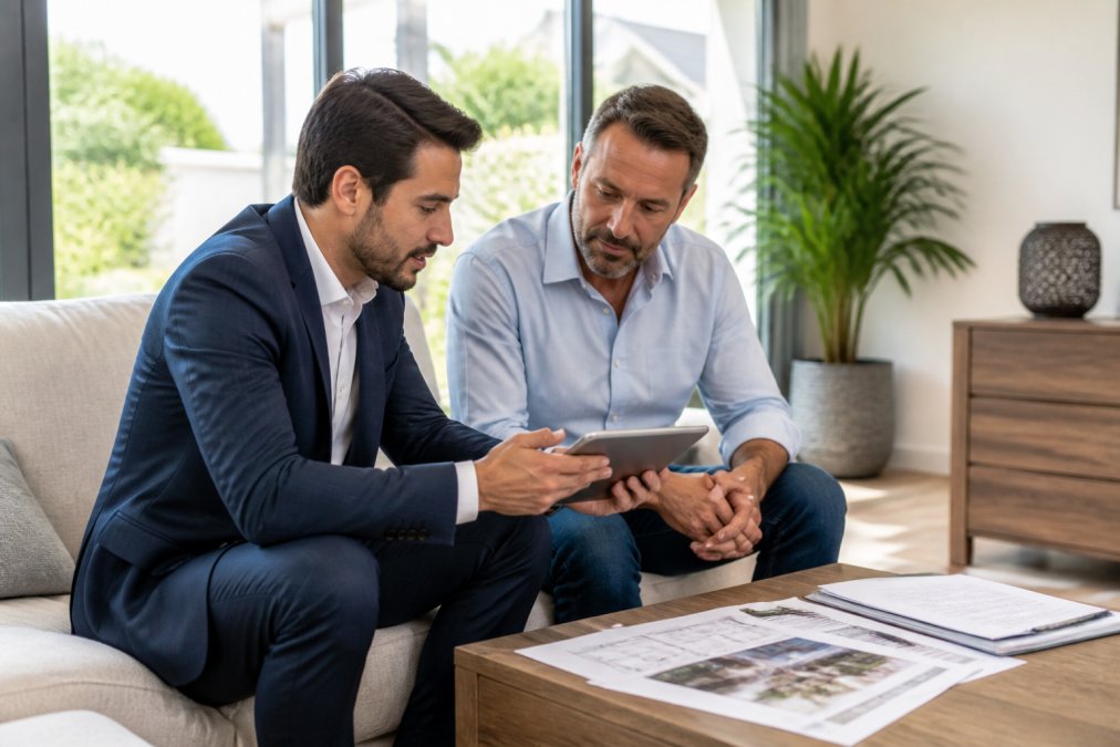 Agent immobilier en costume discutant avec un propriétaire dans le salon lumineux d'une maison, tous deux consultant des documents d'estimation sur une tablette, fenêtres laissant entrer la lumière naturelle