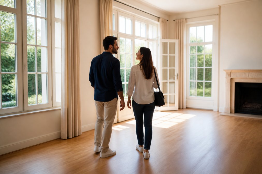 Couple de potentiels acheteurs explorant une pièce bien éclairée et spacieuse d'une maison, admirant les détails intérieurs avec intérêt, lumière naturelle entrant par les fenêtres