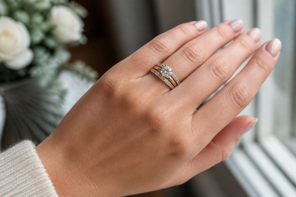A woman's hand elegantly displaying a stacked ring set, an engagement ring, wedding band, and diamond eternity ring worn together on the ring finger, soft natural window light highlighting the metal tones and diamond sparkle