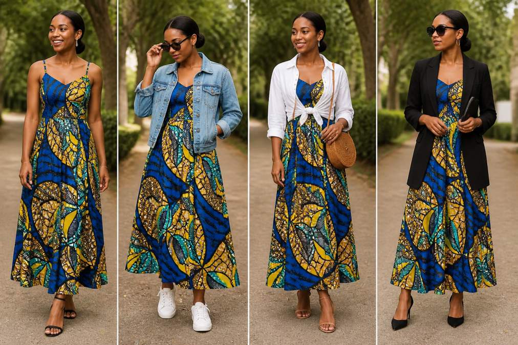 Person wearing a handcrafted African print dress in natural outdoor setting, styled multiple ways to demonstrate versatility and durability over time