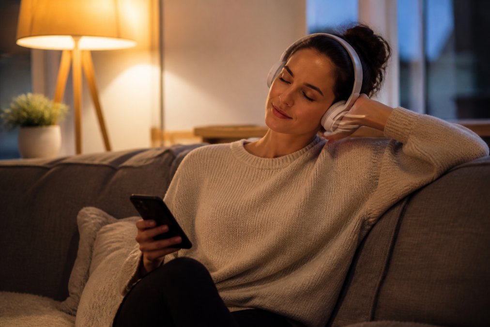 Woman wearing headphones and relaxing on a couch, using ethical alternatives for erotic audio on her smartphone.