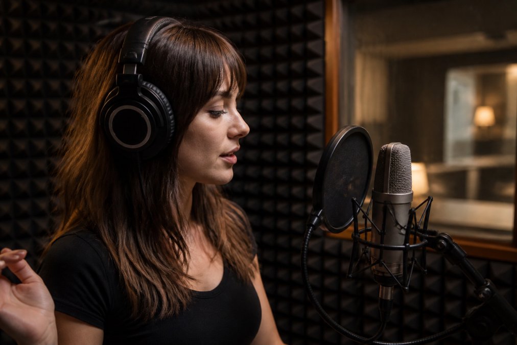 Professional voice actor in recording studio wearing headphones and speaking into microphone with acoustic treatment visible on walls, natural studio lighting