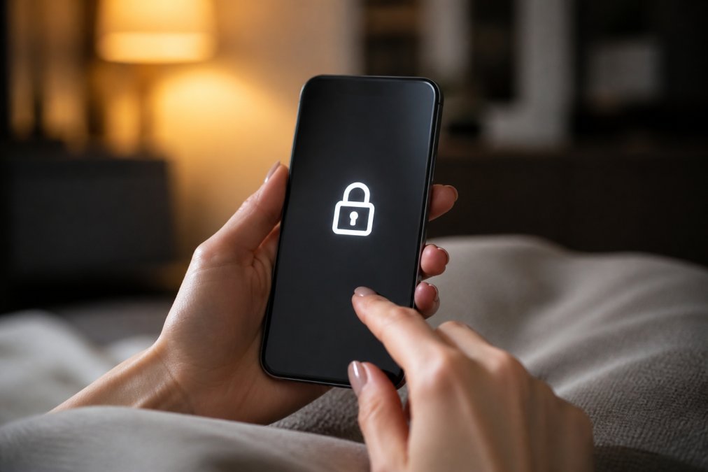 Person holding smartphone with privacy lock icon displayed on screen, fingers touching phone, soft indoor lighting with blurred background
