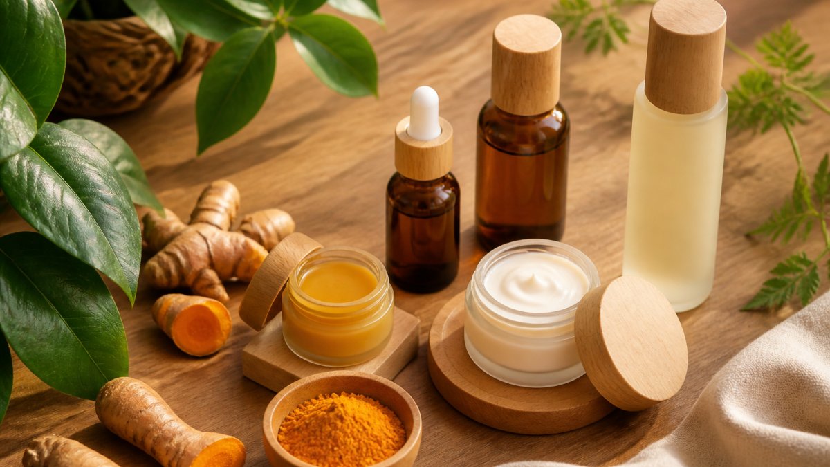 Flat lay of Blush Boutique skincare products arranged on natural wood surface with fresh turmeric root, green leaves, and soft natural lighting, showcasing ethical beauty packaging