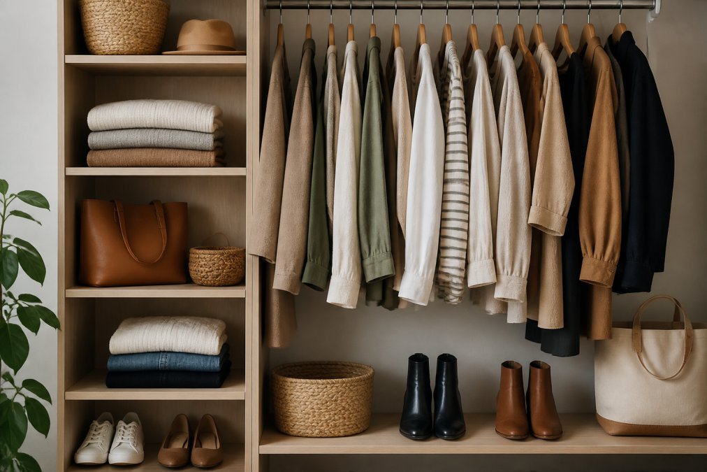 Neatly organized closet or wardrobe display showing coordinated neutral and earth-tone pieces hanging together, demonstrating how pieces mix and match