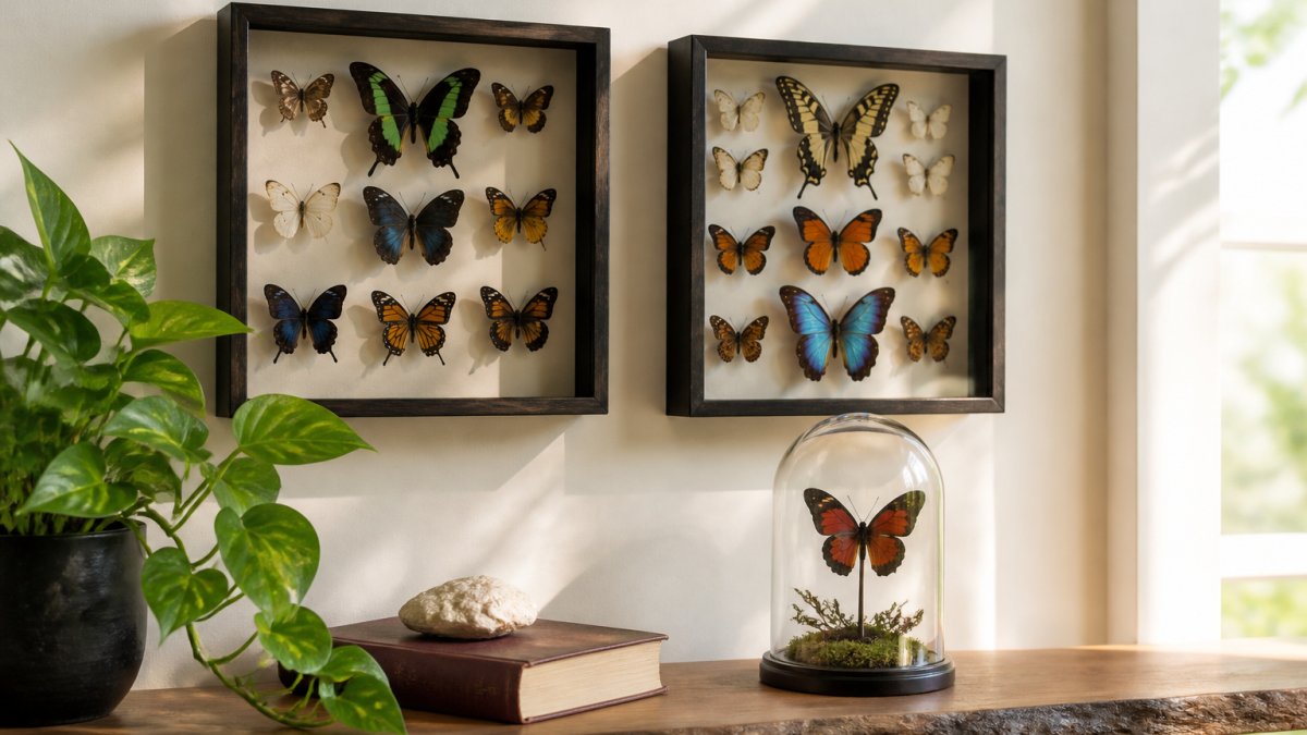 Framed butterfly shadow boxes and a glass dome specimen displayed on a bright, plant-filled home interior shelf.