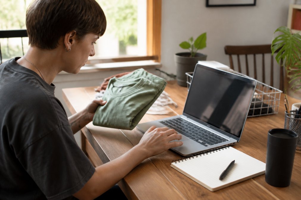 Person reviewing ethical clothing brands on a laptop while holding a t-shirt at a desk with a notepad