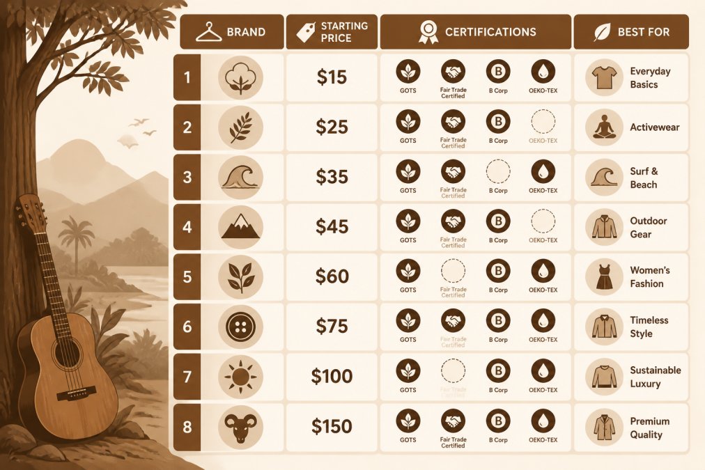 Comparison matrix of eight ethical clothing brands showing starting price from $15 to $150, certifications including GOTS, Fair Trade Certified, B Corp, and OEKO-TEX, and best-for categories