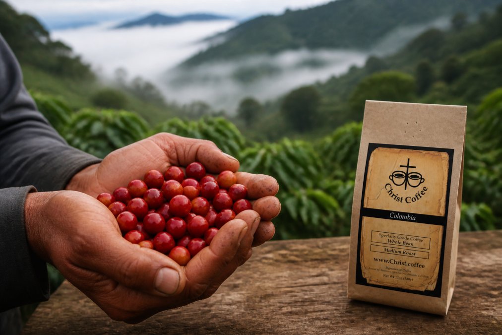 Close-up of weathered hands of a coffee farmer holding ripe red coffee cherries in a shade-grown farm with lush green vegetation and morning mist rising from the hillside