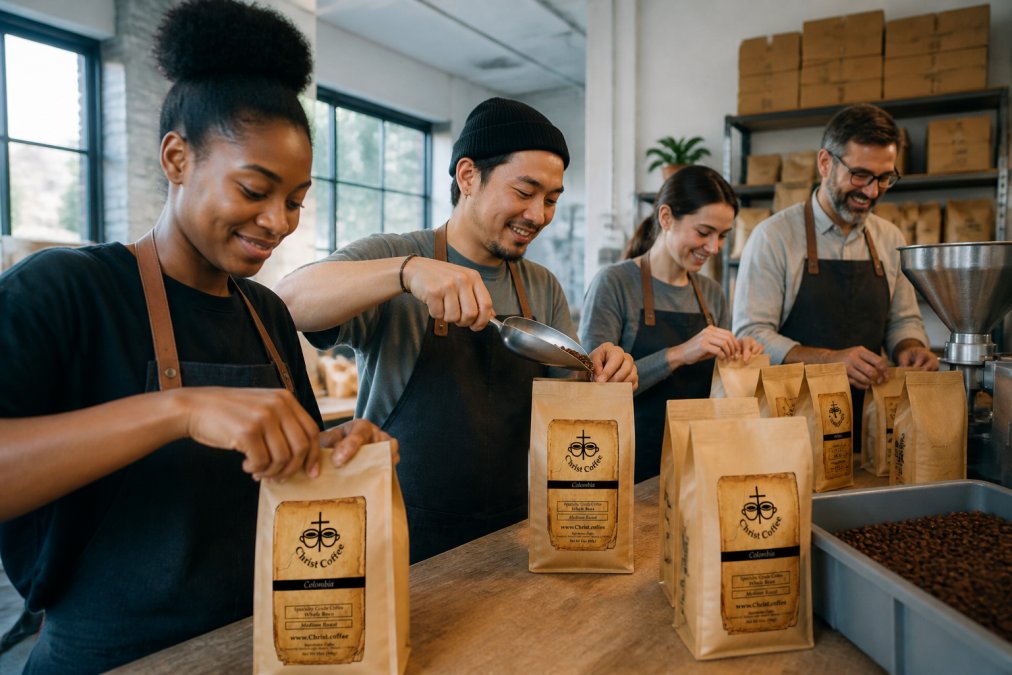 Diverse group of people of different backgrounds working together in a bright, modern coffee roastery facility, carefully handling and packaging freshly roasted coffee beans with focused attention and genuine smiles, natural light streaming through large windows