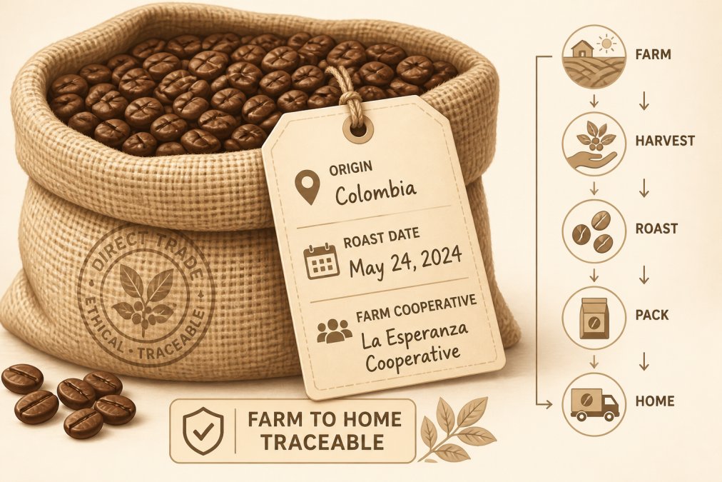 Close-up of freshly roasted coffee beans in a burlap sack with handwritten label showing origin, roast date, and farm cooperative name, emphasizing farm-to-home traceability and direct sourcing