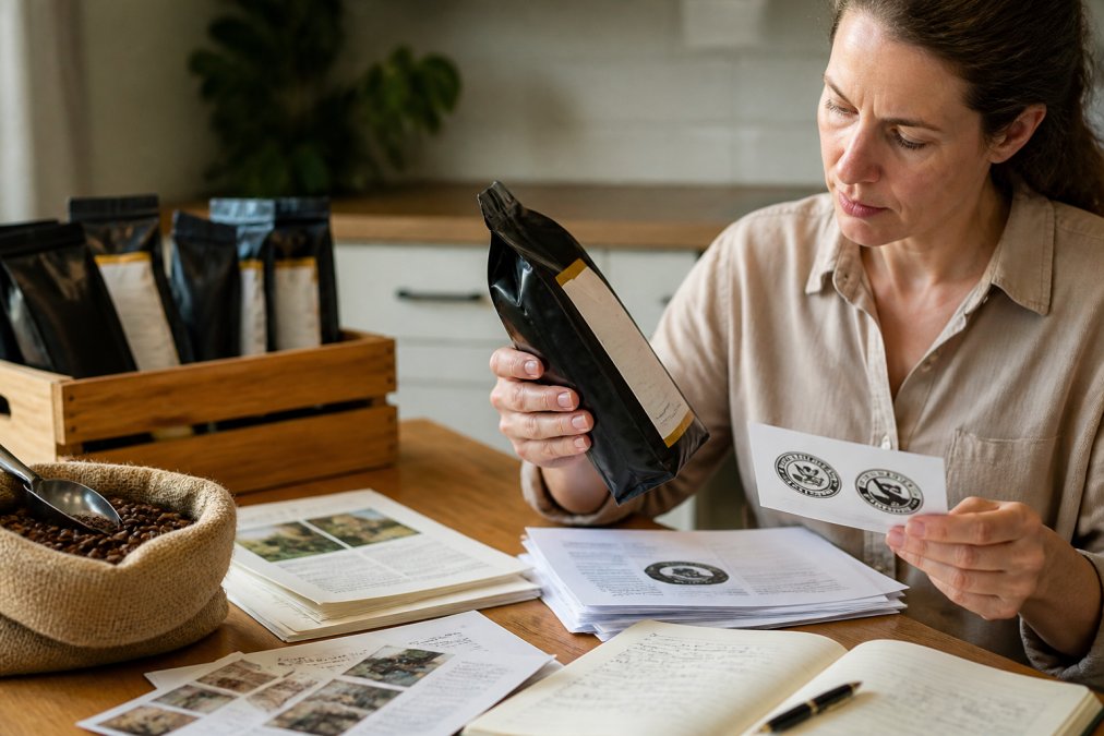 Consumer examining coffee packaging while holding certification labels and supply chain documentation, carefully reviewing transparency information and farmer details with focused attention