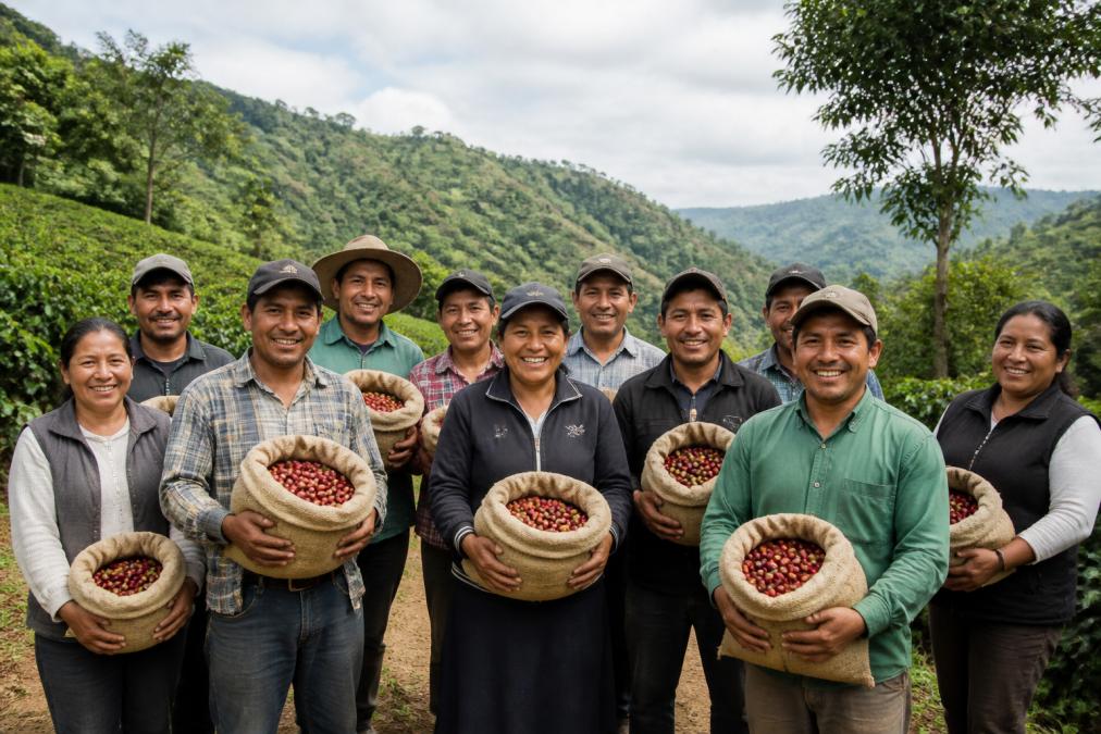A diverse group of coffee farmers standing together in a cooperative setting outdoors, smiling and holding bags of their harvested beans, with lush green hillsides in the background