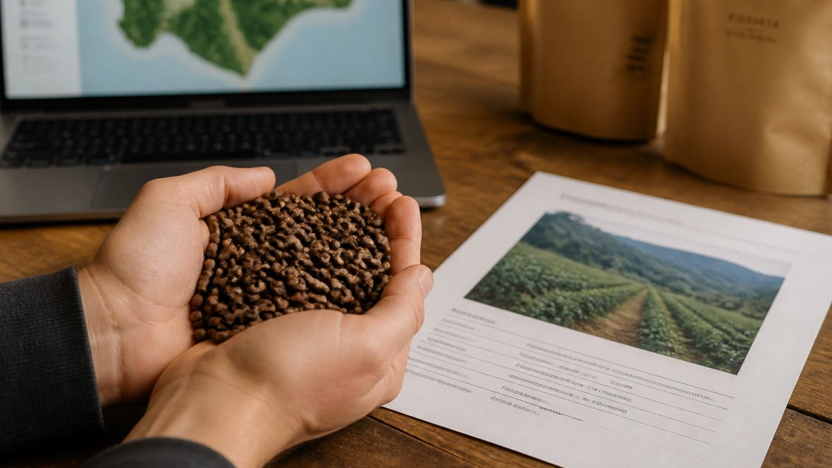 Diagram showing the ethical coffee supply chain process alongside a farm sourcing report and roasted beans.