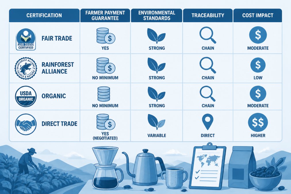 Comparison matrix evaluating key coffee certification standards for farmer pay, environment, and traceability.