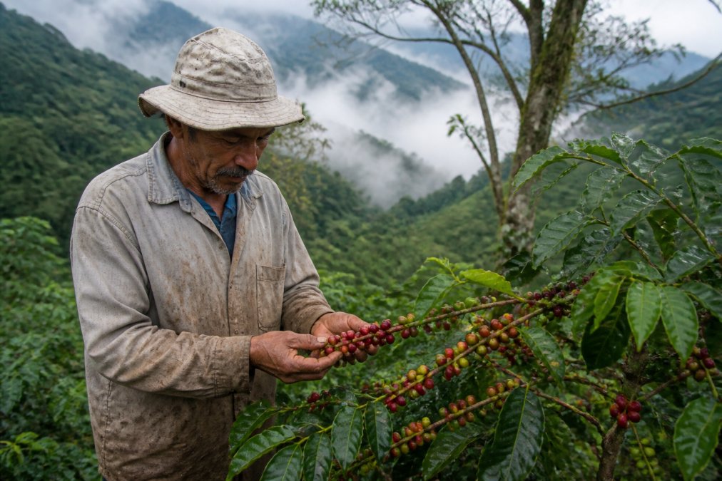 Small-scale coffee farmer in weathered work clothes carefully inspecting ripe red coffee cherries on a plant, surrounded by lush green vegetation and shade trees in a well-maintained hillside farm setting with morning mist in the background