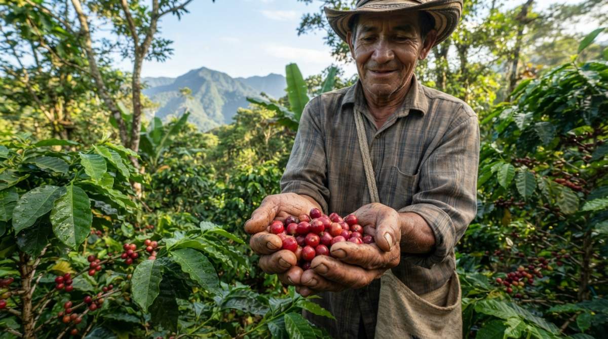 Coffee farmer in lush shade-grown plantation holding ripe red coffee cherries in weathered hands, mountains visible through canopy in morning light