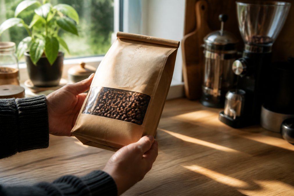 Hands holding a freshly roasted bag of specialty coffee beans with a visible roast date label, morning sunlight streaming through a kitchen window, a wooden counter surface