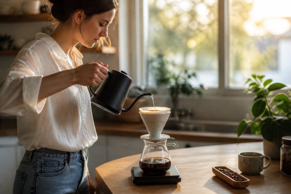 Person at home brewing specialty coffee in a pour-over setup, water pouring slowly over grounds in a ceramic cone, morning light through a kitchen window, peaceful intentional ritual atmosphere