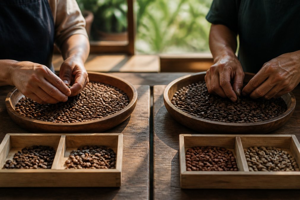 Close-up of specialty coffee beans being carefully sorted and inspected by hand in a small-batch roastery, with wooden surfaces and natural morning light highlighting individual bean quality and color variations