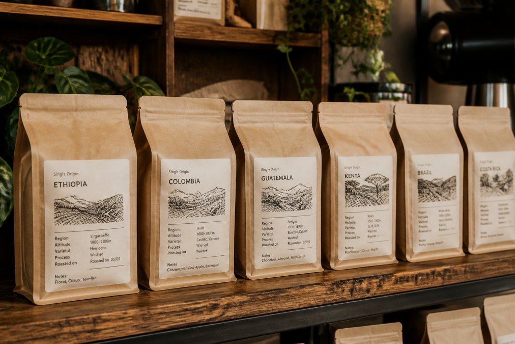 Artisan coffee bags displayed on a wooden shelf with clearly visible origin labels, altitude information, grower names, and sourcing details, emphasizing transparency and premium single-origin packaging under warm studio lighting