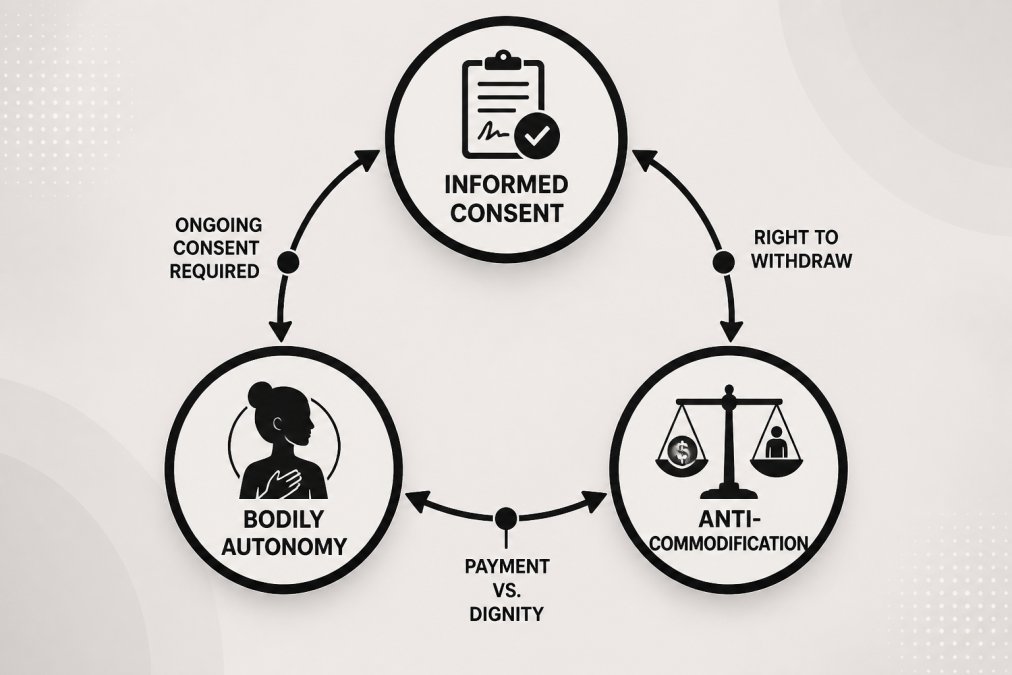 Infographic illustrating the intersection of informed consent, bodily autonomy, and anti-commodification in ethical