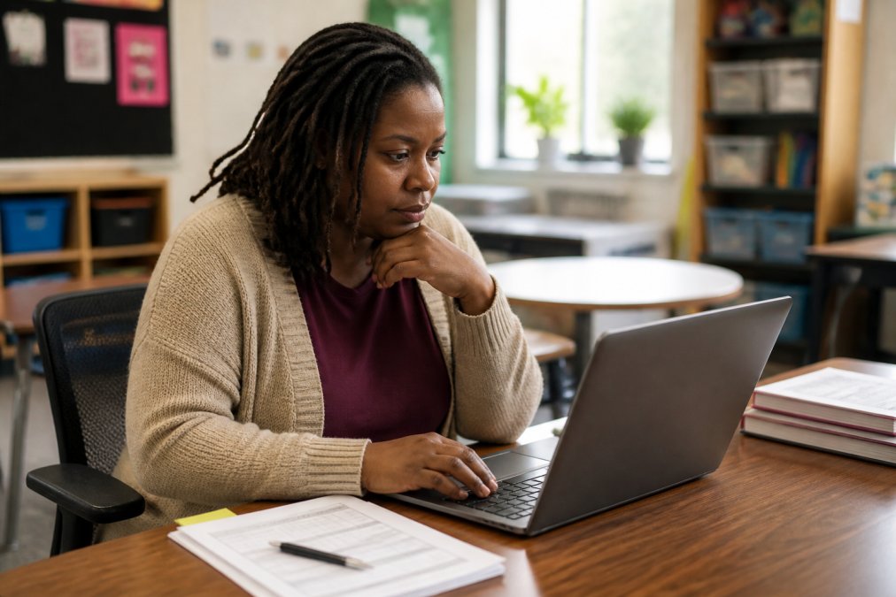 Teacher reviewing a student's digital work with a rubric to ensure fair AI in assessments within a classroom.
