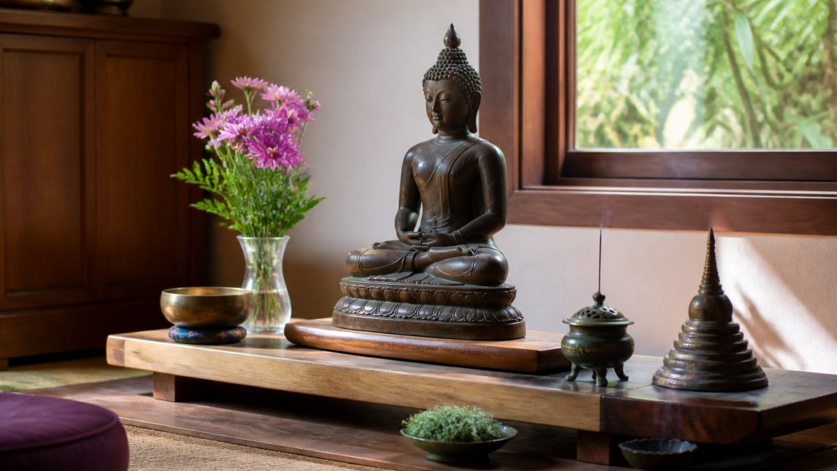 A serene home meditation space with a Buddhist statue placed on a low wooden altar, soft natural light from a window, incense burner and fresh flowers nearby, minimal and respectful arrangement