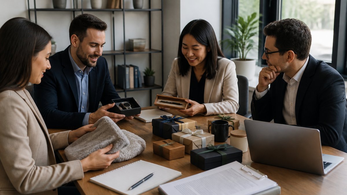 Business team members in a modern office meeting room reviewing wrapped gifts and personalized keepsakes on a wooden table, with laptops and policy documents visible, natural daylight from windows