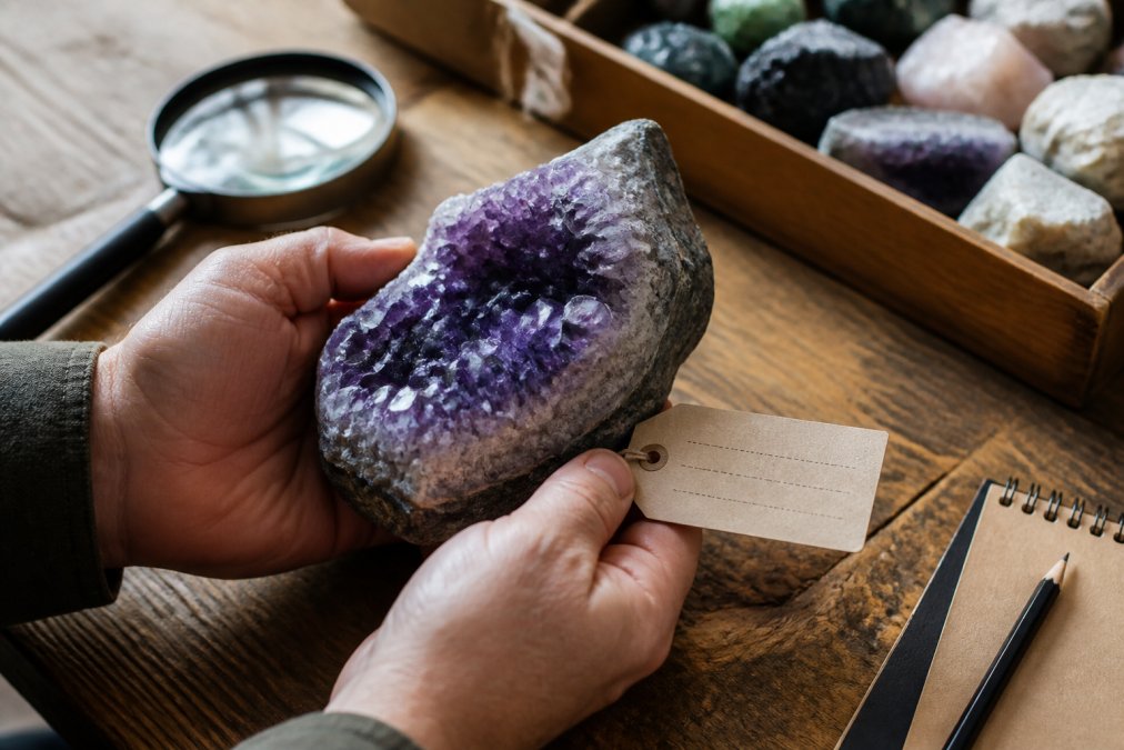 A pair of hands holding a rough amethyst geode next to a small paper tag showing origin information, on a wooden table with a magnifying glass and notebook nearby