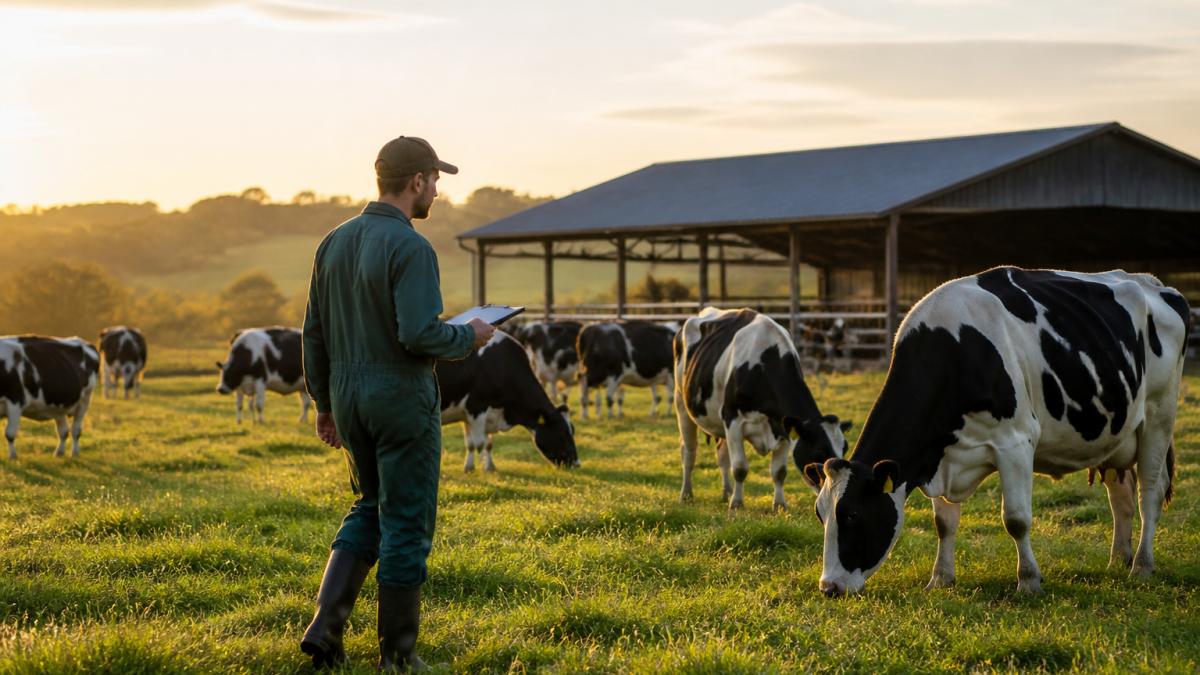 A dairy farmer in work clothes walking a pasture with a clipboard, checking a small herd of cows grazing in soft morning light, barn in the background