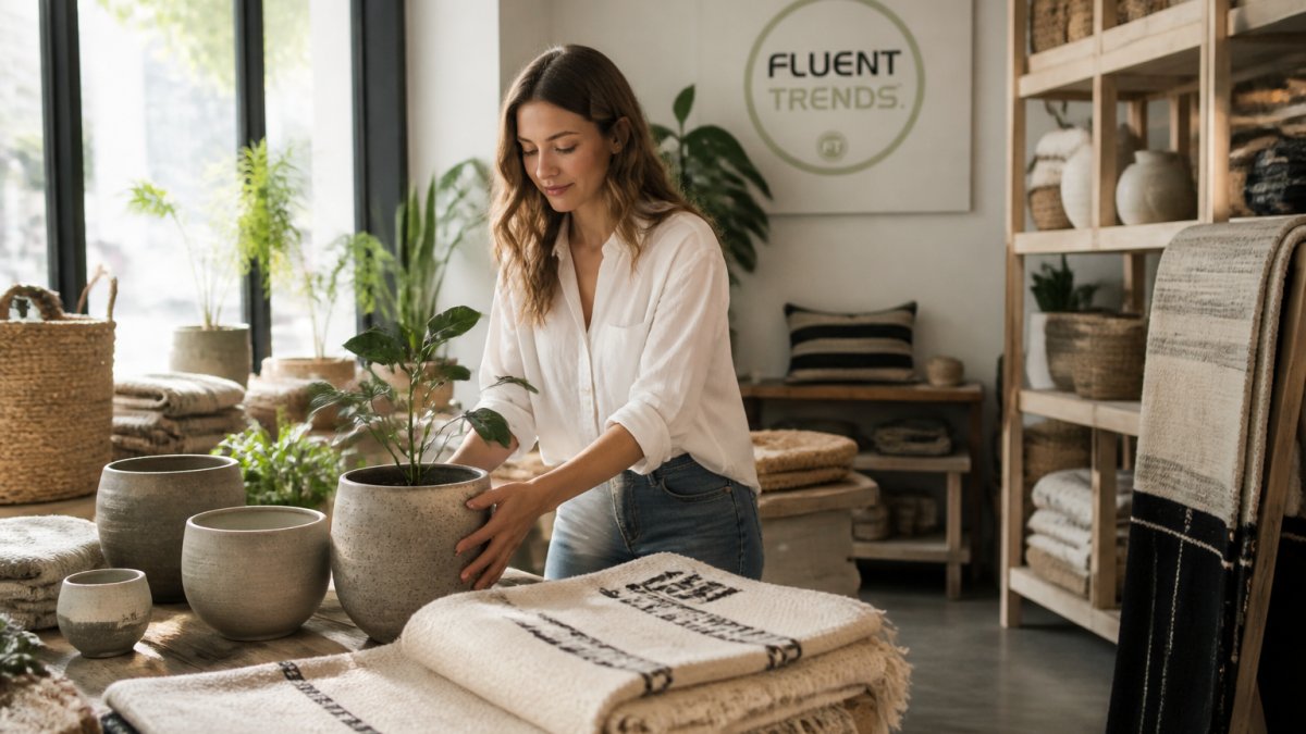 Small business owner arranging handmade ceramic planters and woven textiles in a welcoming retail storefront with natural light streaming through windows