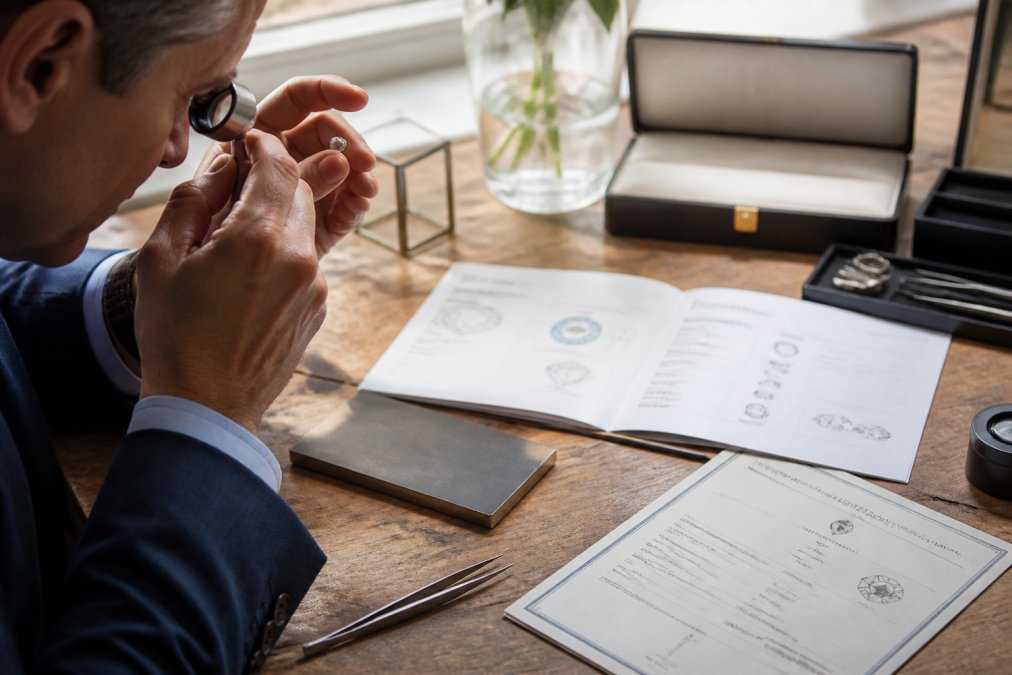 Jeweller or gemologist examining a diamond under magnification with certification documents and grading reports visible on the workbench, natural lighting illuminating the stone