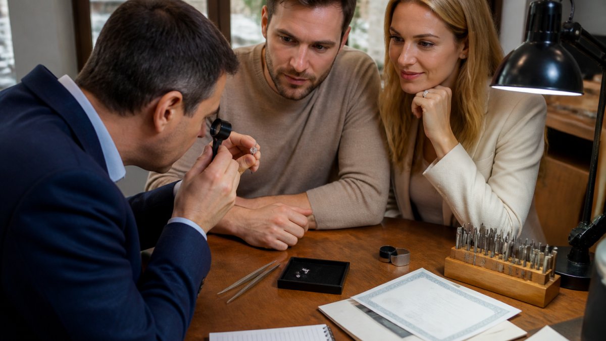 A jeweller and a couple examining a loose diamond under a loupe at a well-lit workshop bench, with certificates and a notepad visible nearby
