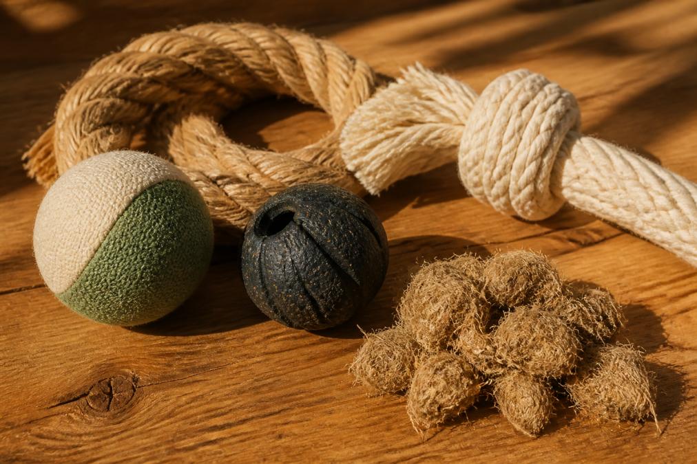 Close-up of natural dog toy materials including jute rope, organic cotton, recycled rubber, and hemp fibre arranged on a wooden surface with warm natural sunlight