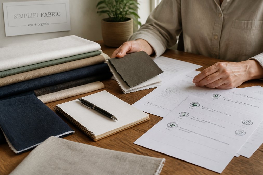 Professional hands examining fabric swatches and reviewing supplier certifications on a wooden table with natural lighting
