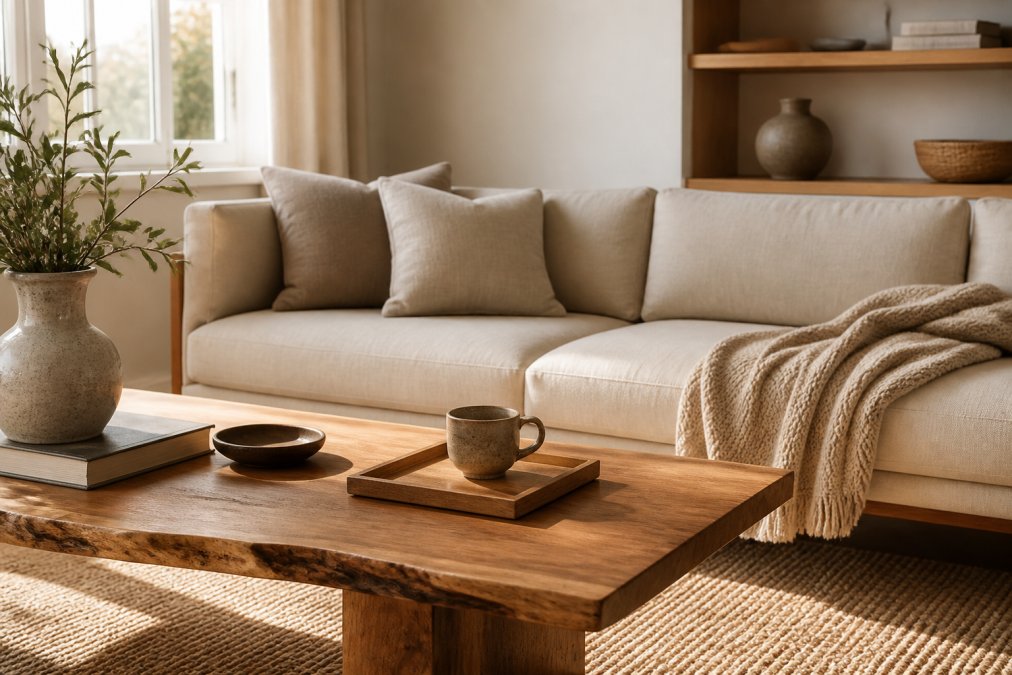 A sunlit living room with a handcrafted wooden coffee table, a textured merino throw draped over a linen sofa, and a ceramic vessel on a shelf, styled in a warm minimalist aesthetic