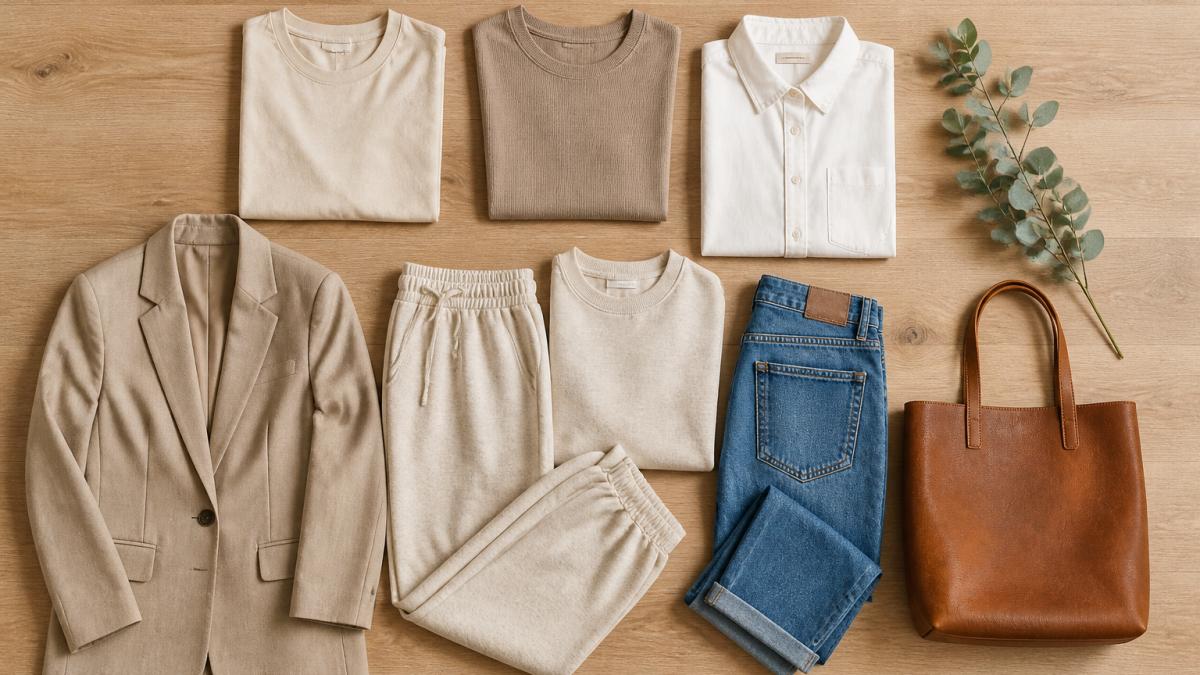 Flat-lay infographic displaying seven essential clothing items for building a sustainable and ethical wardrobe.